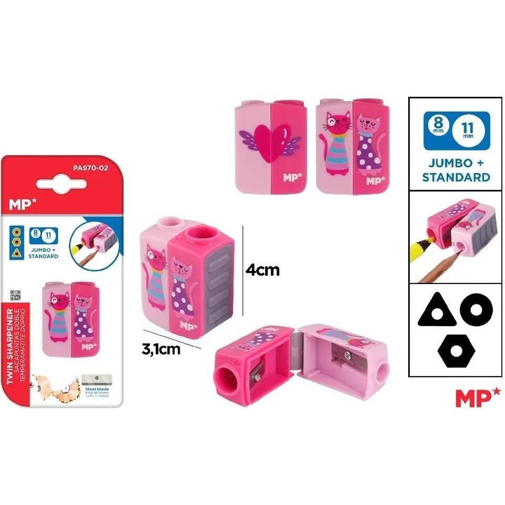 Ascutitoare dubla MP Main Paper, design pisici si inima, multicolor