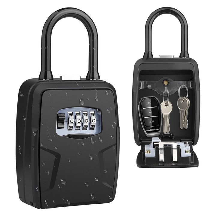 Cutie metalica pentru chei ZGGZERG, cod mecanic 4 cifre, montare perete, aliaj aluminiu, impermeabila, rezistenta la lovituri, 189x90x44 mm, negru