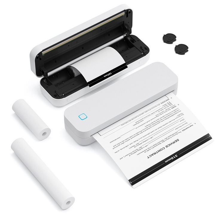 Imprimanta termica, XGETOP®, portabila, fara fir, nu necesita tus, suporta formaturi pana in A4, Bluetooth, USB, compatibila cu iOS / Android / Windows / MacOS, acumulator 2600 mAh, foi incluse, alb