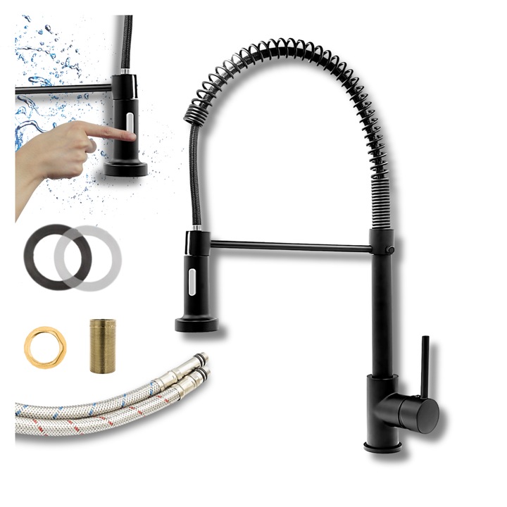 Кухненски смесител, гранитен, Luneo, висок, спирален, разтегателен и гъвкав чучур, 2 функции, модерен дизайн, издръжлив, устойчив на корозия, лесен монтаж, идеален за лофт и модерни кухни, черен