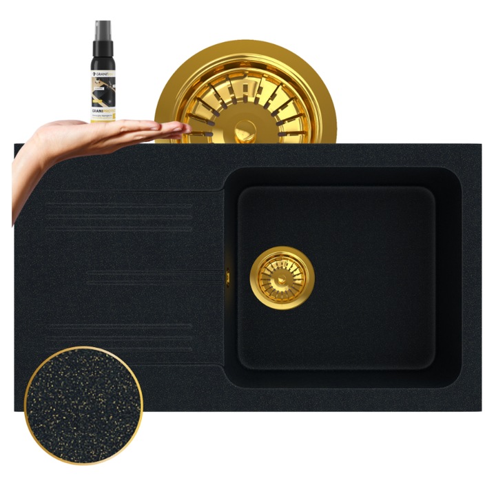 Pachet Complet Chiuveta Granit Granitan ADA pentru Bucatarie, o Cuva, Sifon Manual Perete Economisire Spatiu, Impregnant GraniProtect, Durabila, Rezistenta la Zgarieturi si Caldura, Montaj Usor, Eleganta, Negru Auriu, 77.5x43.5 cm, Solutie