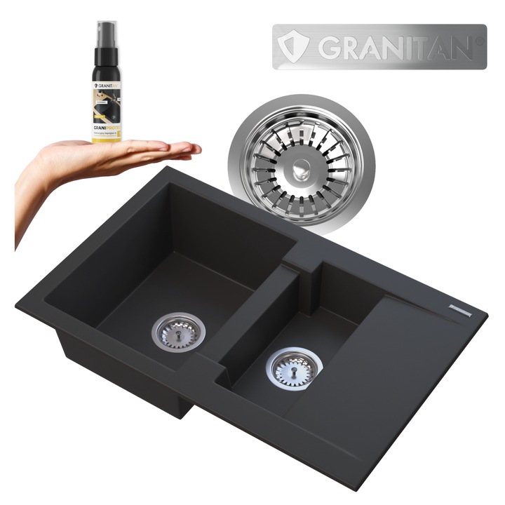 Pachet Complet Chiuveta Granit Granitan Forma, Dubla cu Sifon Manual de Perete si Impregnant GraniProtect, Durabila, Eleganta, Rezistenta la Zgarieturi, Montaj Usor, Ideala Bucatarii Moderne, 75x47.5 cm, Neagra