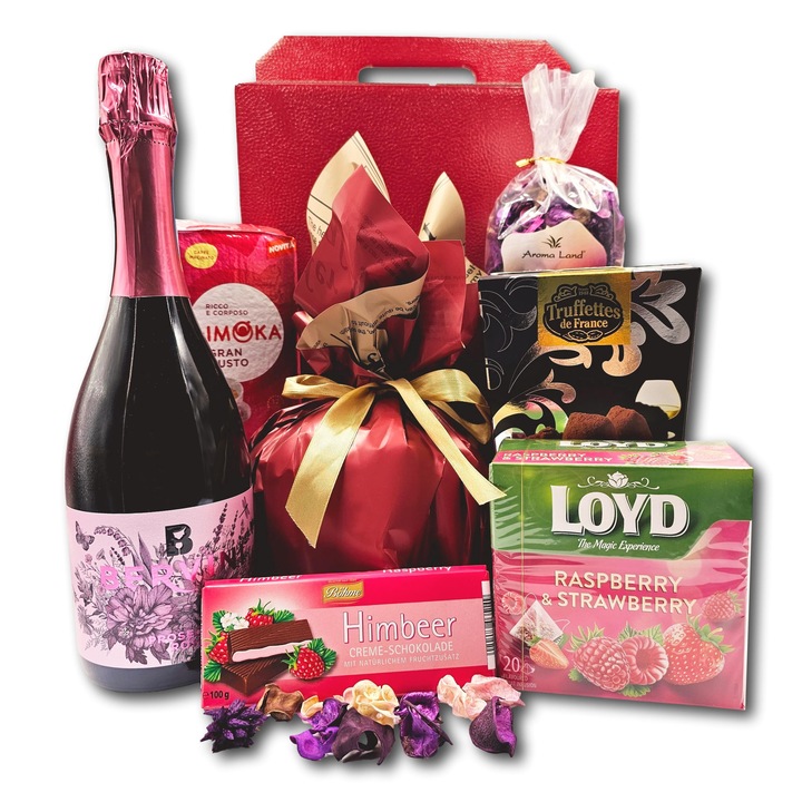 Pachet cadou elegant, CADOURI PREMIUM®, model Beauty, cu prosecco Vinopera Bervini, trufe de ciocolata, si o selectie de specialitati asortate