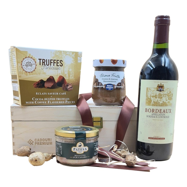 Pachet cadou special, CADOURI PREMIUM®, model French Style, cu vin de Bordeaux, rillettes de rata, trufe originale si crema de castane