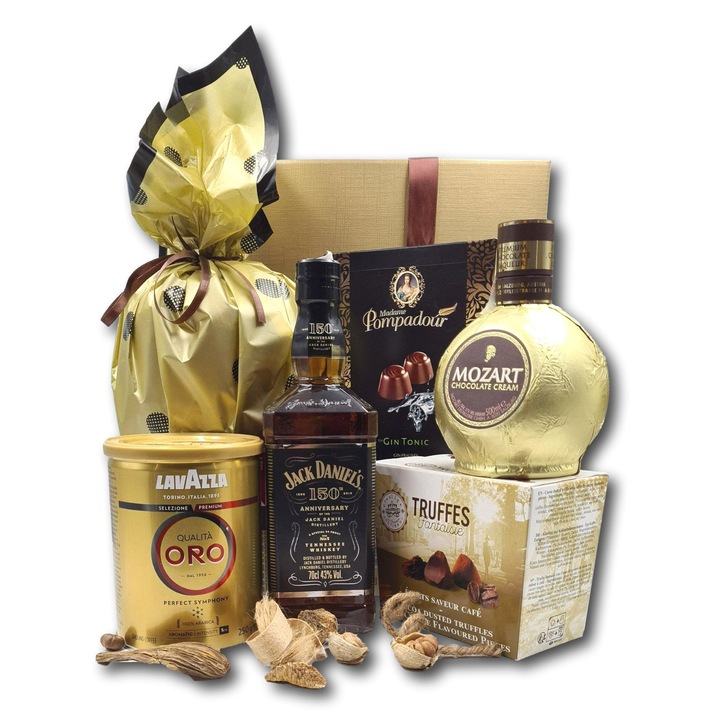 Pachet cadou elegant, CADOURI PREMIUM®, model Gold, cu whiskey Jack Daniels de colectie, lichior de ciocolata Mozart, cafea Lavazza Oro si bunatati dulci asortate