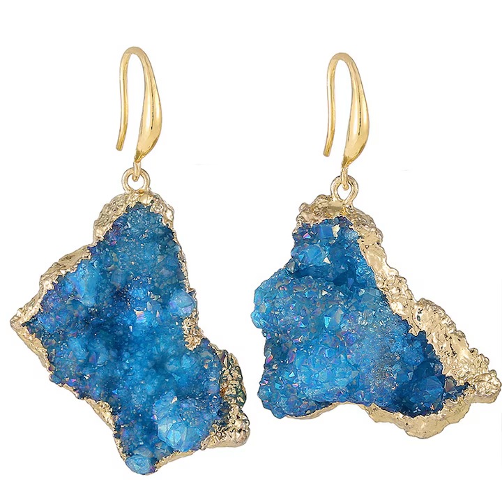 Cercei dama OVERTANG, cuart natural, albastru neregulat, 25-40x20-40mm