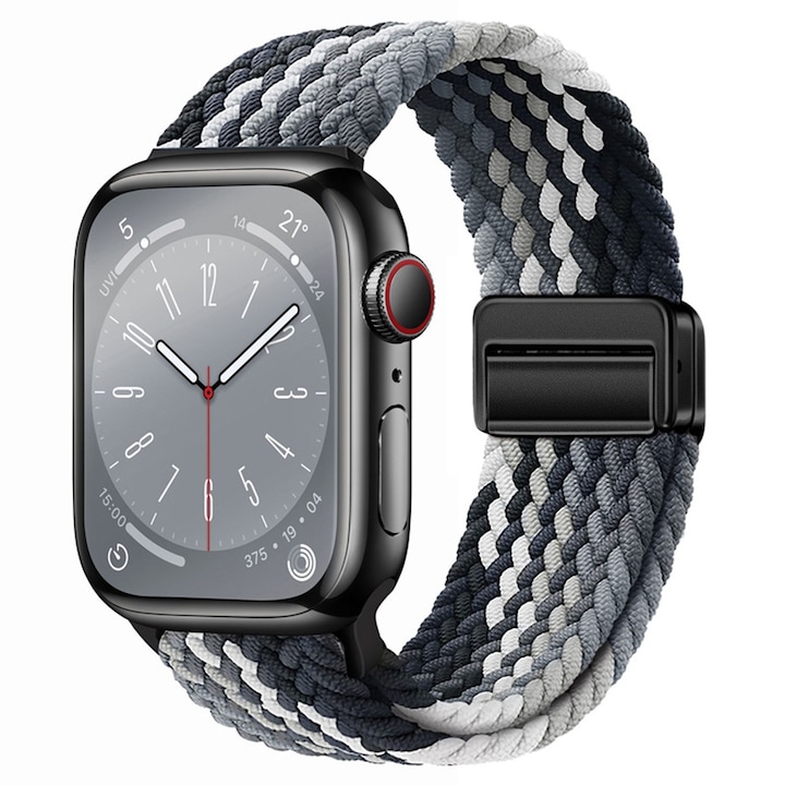 Apple Watch 38mm 40mm 41mm 42mm 44mm 45mm 46mm 49mm-hez kompatibilis mágneses szíj – Unisex fonott elasztikus karkötő az iWatch 10 9 8 7 6 5 4 3 2 1 SE Ultra 2 sorozathoz, Fekete-fehér