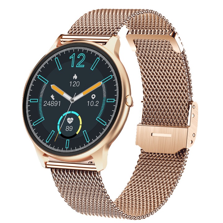 Ceas Smartwatch Unisex, Ecran TFT de 1,39 inch, Primire si efectuare apeluri, Bluetooth, Monitorizare Ritm Cardiac/Somn/SpO2, Pedometru, Rezistent la Apa, Compatibil Android, Baterie 7-14 Zile, Auriu