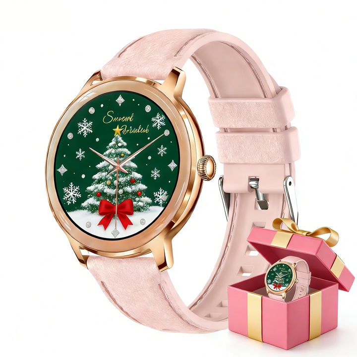 Ceas SmartWatch Premium de Dama, ecran rotund de 1,32 inch, ecran neted, ultra-subtire impermeabil, monitorizare a sanatatii, somn, ritm cardiac, urmarire pasi, compatibil Apple si Android, apel smart Bluetooth 5.3, romanesc, roz, cadou pentru femei