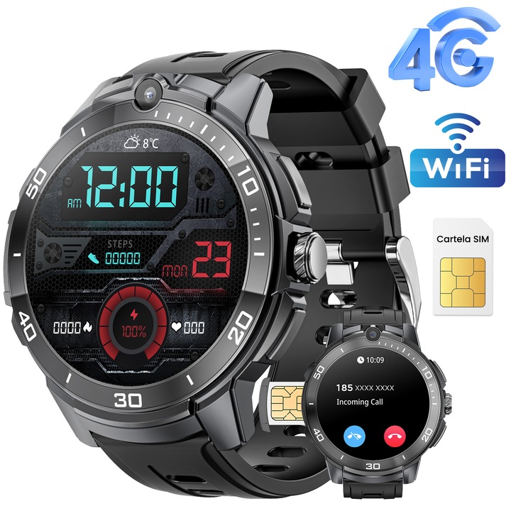 4G Okosóra, Hwagol, SIM kártya, WiFi, Kamera, GPS navigáció, Egészségfigyelés, Pulzusszám érzékelés, 1.6 hüvelykes AMOLED kijelző, Hívásfunkció, Fitnesz nyomkövető, Sportmódok, Alvásfigyelés, 750mAh, Fekete