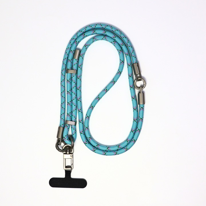 Cordon detasabil pentru telefon, reglabil, 2 in 1 (la incheietura + banduliera), reglabil, cu incuietoare rezistenta, nylon, Cyan