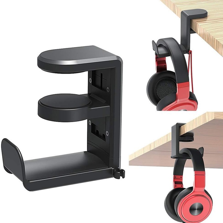 Suport pentru casti, Axroad Mall, Prindere birou, Compact, Usor de utilizat, Organizator cabluri, Multifunctional, Anti-alunecare, Rotire 360 pentru Gaming, Streaming, Office, Metal, 51.5*102*115mm, Negru