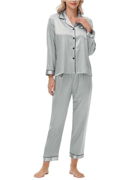 Pijama Dama Satin Design cu Rever, Gri