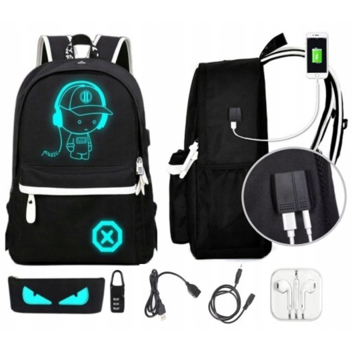 Ghiozdan scolar Marshmello, waterproof, cu port USB, 44x30x17cm, set 5in1, include penita si lacat