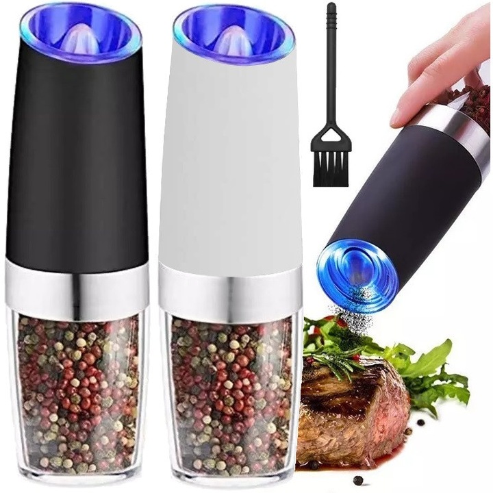 Set 2 rasnite electrice grawitationale pentru sare si piper, Brunbeste, alb si negru, capacitate 50ml, iluminare LED