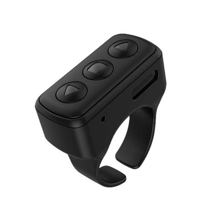 Inel de control wireless Bluetooth pentru smartphone, cu autonomie a bateriei de 8 ore si functie de control la distanta de 10 metri, pentru a face fotografii, a viziona videoclipuri, a citi carti electronice, compatibil cu iOS si Android