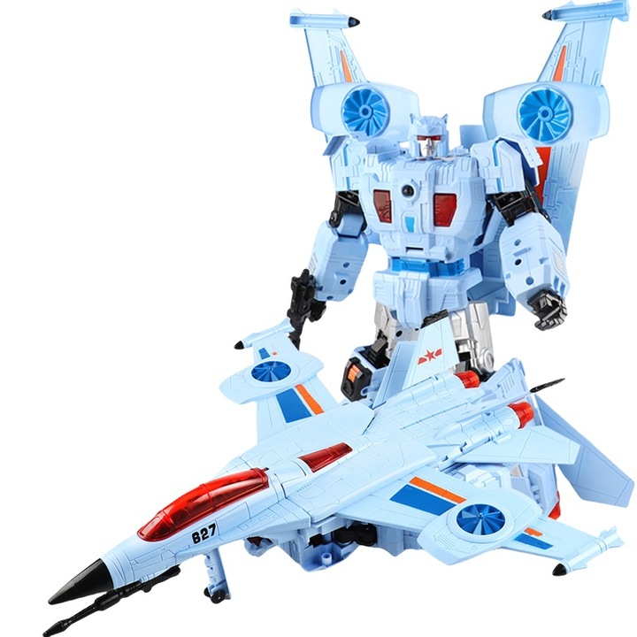 Jucarie transformabila avion de lupta super mare, robot cu efecte sonore si luminoase, model din Transformers, cadou pentru baieti, culoare alba