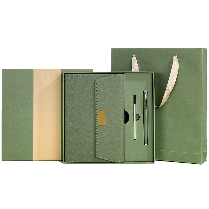 Set premium A5 cu agenda, ZGGZERG, Pix Metalic si Reincarcare, 200 Pagini Nedatate, 80 g/m², Design Modern, Punga Cadou – Ideal pentru Cadouri Business sau Personale, Pu+Paper, 155*210mm, Verde