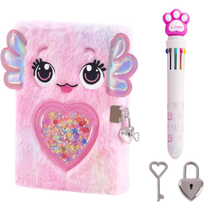 Jurnal cu Lacat, ZGGZERG, 160 de pagini, A5, Jurnal pentru Fete cu Lacat, pix si chei, design lovely Cat/Peste, 70 g/m², Coperta pufoasa, Pentru Scoala si Calatorii, Paper+Textil, 16*21.5cm, Roz