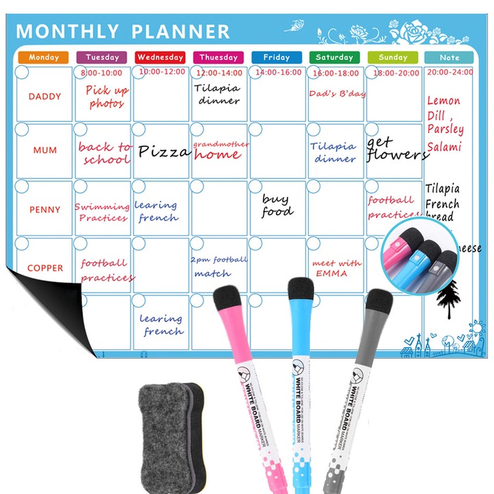 Магнитен месечен планер, ZGGZERG, седмичен или месечен, с 3 течни маркера и гумичка, лесен за писане, издръжлив и здрав, минималистичен дизайн, останете организирани, големи размери, PP, 42x30cm, многоцветен