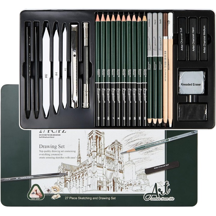 Set 27 creion grafit, ZGGZERG, Duritate mina 2H, H, F, HB, B, 2B, 3B, 4B, 6B, 8B, Cu cutit de arta, Radiera framantata si Extender cu doua capete, Non-toxic si ecologic, cutie metal, Pentru pictura, schita, graffiti, Lemn, 30.7*19*1.5cm, Verde