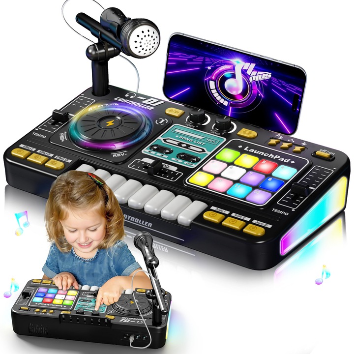 Set complet DJ pentru copii, mixer interactiv, turntable, instrumente de percutie colorate, 8 clape pian, microfon, Bluetooth - Kids Musical Instruments Gifts for Boys Girls for Birthday, Christmas，Table Age 3 4 5 6 7 8, BIGLISTENING®