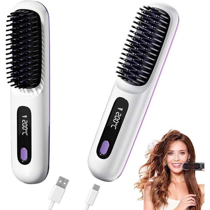 Dreptator de par wireless, perie de ion negativ, Omelivon ® Incalzire rapida la temperatura cu trei viteze, incarcare Tepy-C, acoperire ceramica, potrivita pentru casa, calatorie, pentru par drept si curly alb