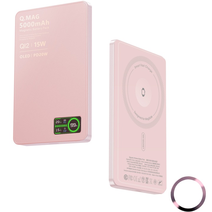 Външна батерия и преносима батерия QI2 Безжична магнитна 3 в 1, ESL от Essential Level®, Powerbank, Бързо зареждане PD 20W, Power Bank 10000mAh, OLED дисплей, Съвместима с iPhone, Android, слушалки, Apple Watch, Розов