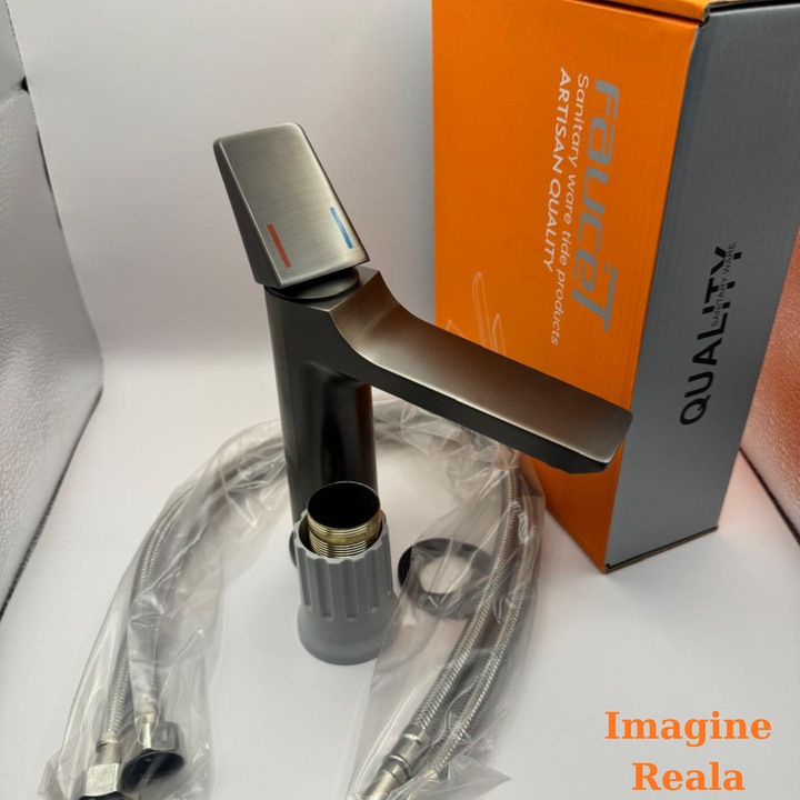 Baterie Chiuveta Baie, Tip Cascada design modern, Monocomanda Culoare Gri Pistol, din aliaj Zinc, valva Ceramica rezistenta la stropire, rugina si coroziune, cu racorduri incluse, din otel inoxidabil usor de instalat