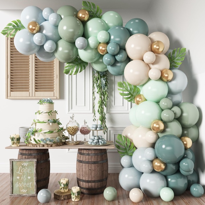 Kit de arc de baloane, 98 buc, verde salvie, albastru pastel, bej, verde masline, aur, pentru petrecere aniversara