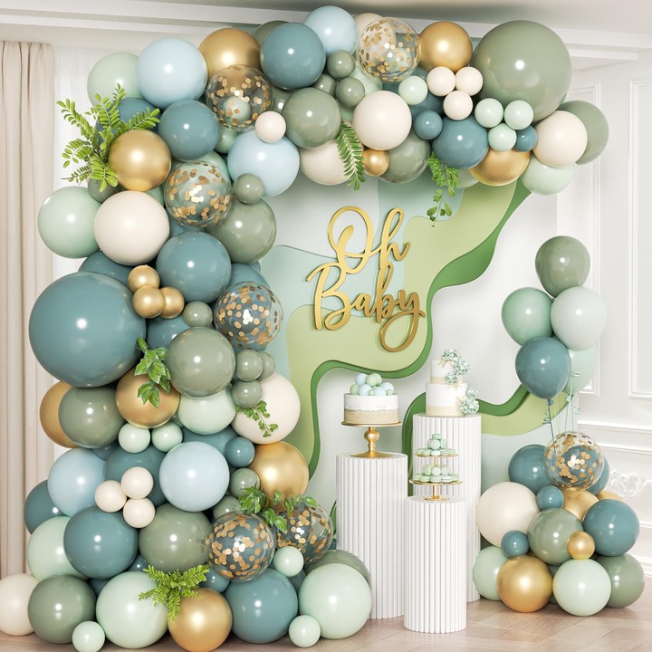 Set 152 Baloane, Verde Salbatic, Albastru Padust, Alb si Aur pentru Decorari Nunta, Baby Shower, Petrecere de Nastere