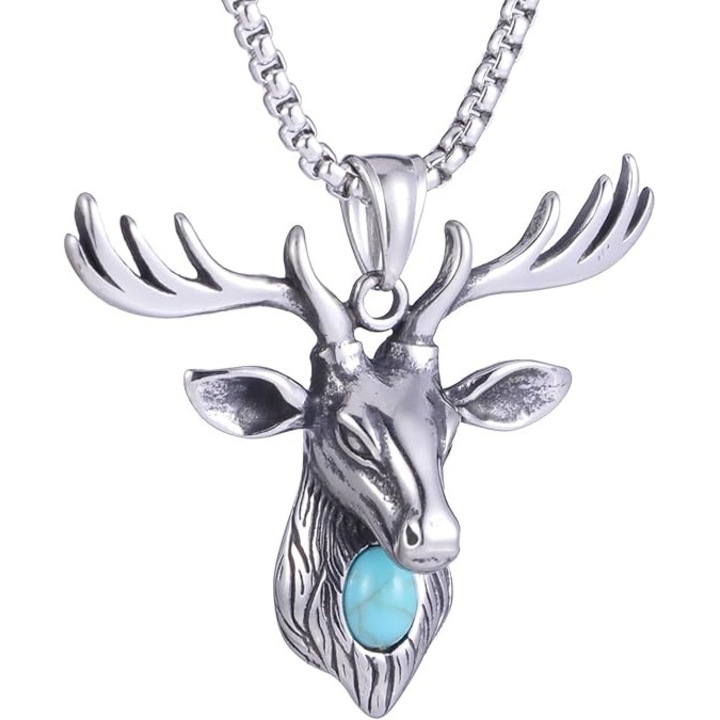 Unisex nyaklánc szarvasfej medállal, rozsdamentes acél, türkiz/ezüst, retro