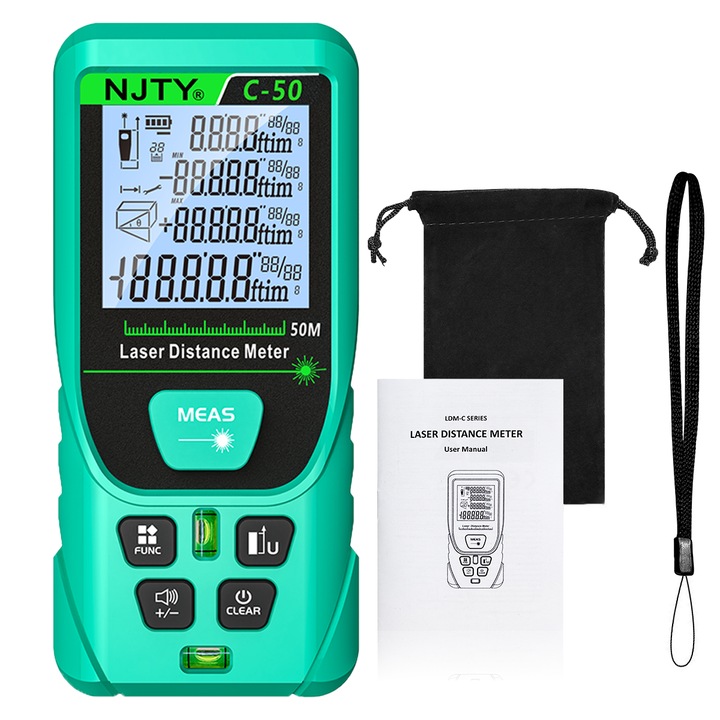 Telemetru Laser NJTY C50, cu Baterie, Memorie 30x, Nivel Bule, 50m, Verde