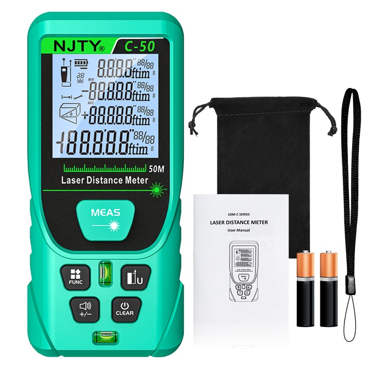Лазерен далекомер NJTY C50, с батерия, 50м, 30x памет, Нивелир с мехурчета, Зелен