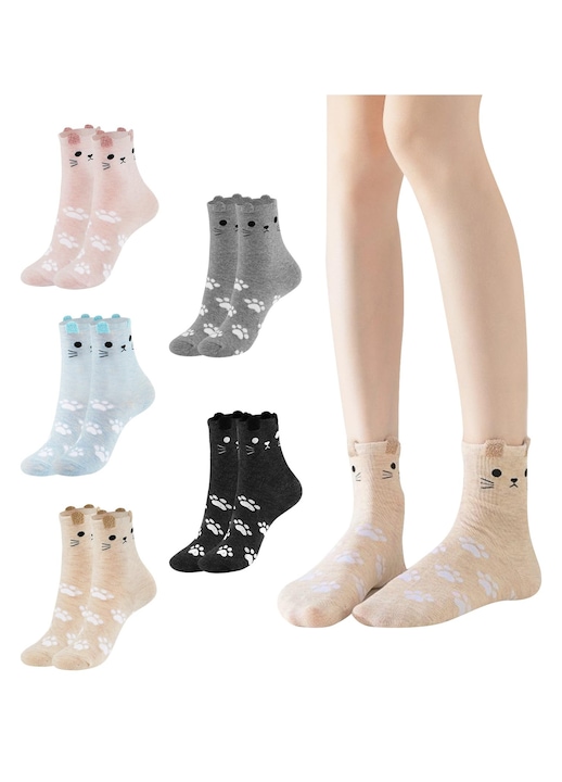 Set 5 perechi Sosete Dama, GOGOU®, Cu model animal, Confortabile, Moale, Bumbac/Poliester, marime 35-39EU, Multicolor