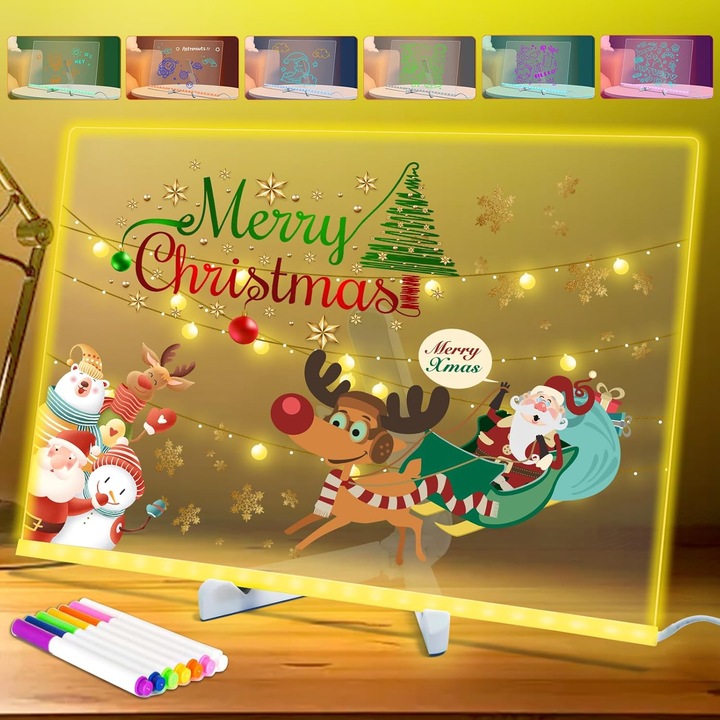 Tabla de desen si scris electronica pentru copii, Tabla acrilica cu stergere uscata si lumina, Suness, Vine cu pixuri colorate, suport pliabil triunghiular, doua lavete de curatat, multifunctional, 30 x 20 cm