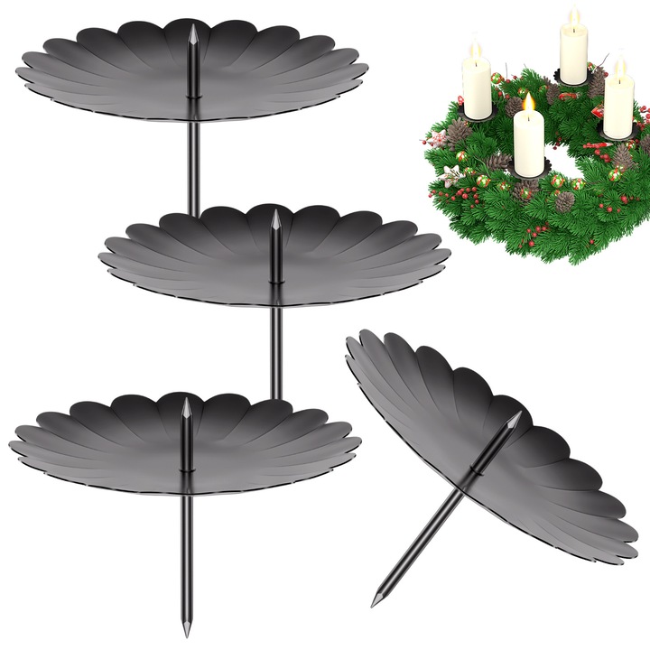 Set 4 sfesnice de Advent, cu garnitura florala, rezistente, de sarbatori, decor nunta, masa festiva, 7,5 cm, negru