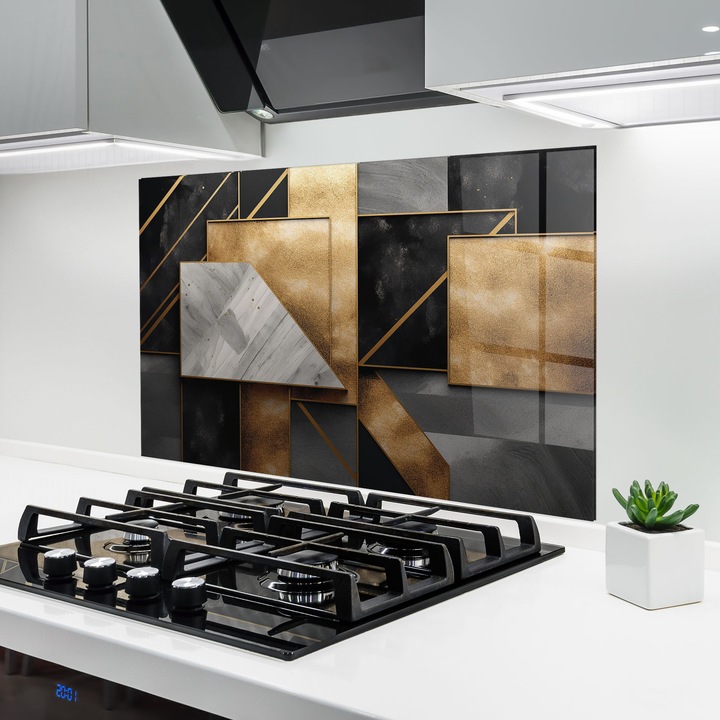 ARTHUB, Стъклен панел за кухня 80x120 cm, 5 мм закалено, Предпазител за газов котлон, Предпазител от пръски, Топлоустойчив, абстрактни, абстрактно с линии, Abstract Gold Square
