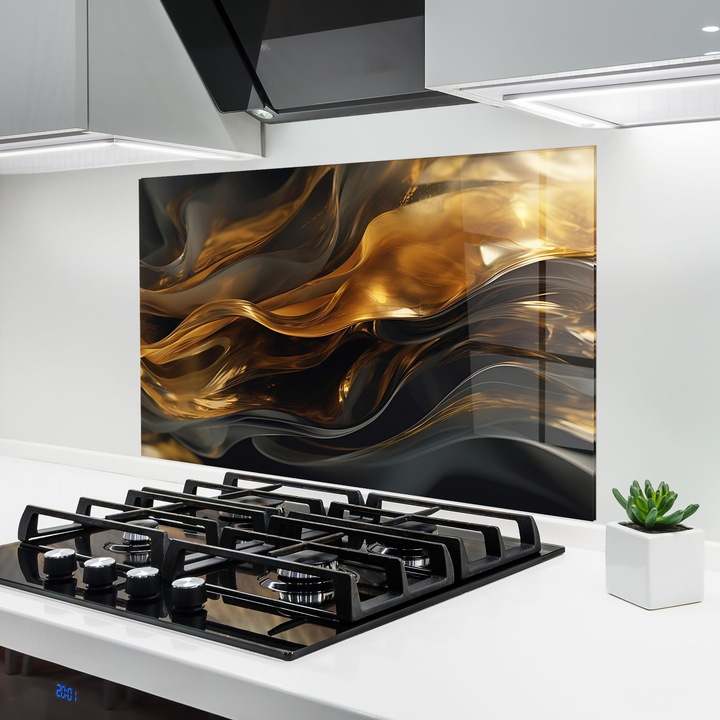 ARTHUB, Стъклен панел за кухня 60x80 cm, 5 мм закалено, Предпазител за газов котлон, Предпазител от пръски, Топлоустойчив, абстрактни, абстрактно с линии, Gold With Black Wave