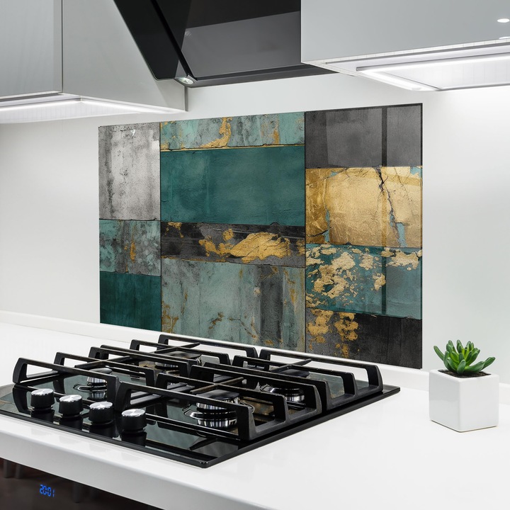 ARTHUB, Стъклен панел за кухня 60x80 cm, 5 мм закалено, Предпазител за газов котлон, Предпазител от пръски, Топлоустойчив, абстрактни, абстрактно с линии, Golden Green Painting