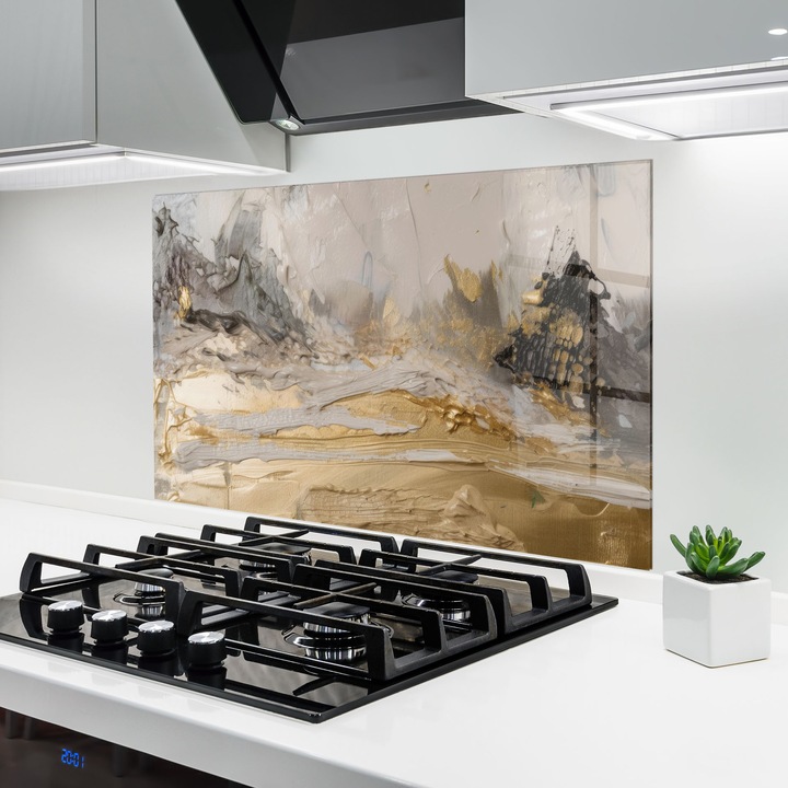ARTHUB, Konyhai üveg hátfal 60x100 cm, 4 mm edzett, Védő gáz­tűzhely, Fröccsenésgátló, Hőálló, absztrakt, absztrakt művészet, Abstract White Waves