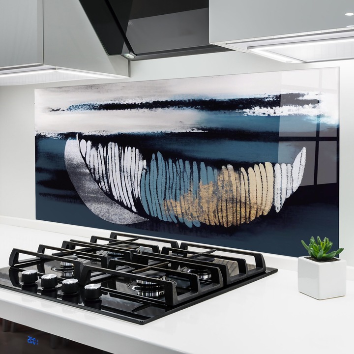 ARTHUB, Стъклен панел за кухня 60x150 cm, 5 мм закалено, Предпазител за газов котлон, Предпазител от пръски, Топлоустойчив, абстрактни, абстрактно изкуство, Blue Feather
