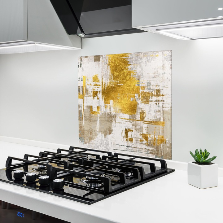 ARTHUB, Стъклен панел за кухня 60x60 cm, 5 мм закалено, Предпазител за газов котлон, Предпазител от пръски, Топлоустойчив, абстрактни, абстрактно изкуство, Gold And White Brush