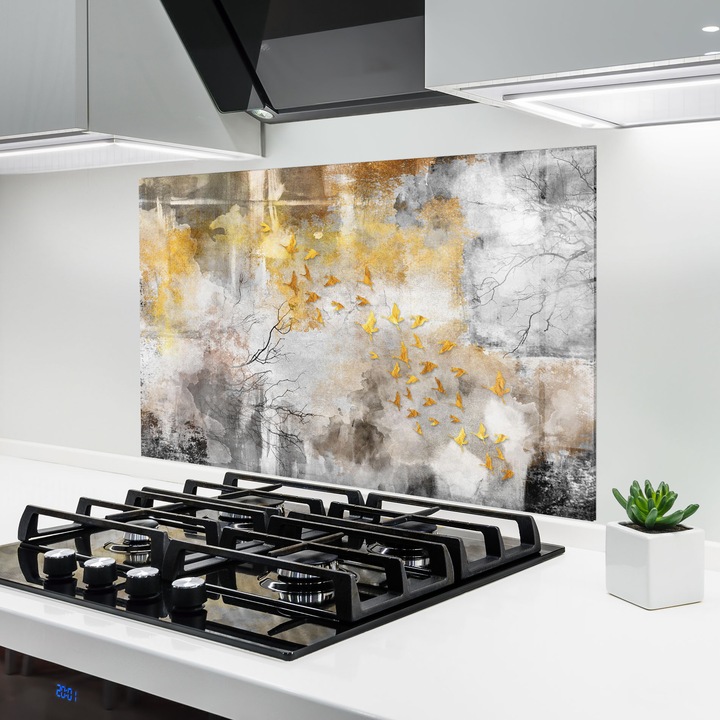 ARTHUB, Konyhai üveg hátfal 60x80 cm, 4 mm edzett, Védő gáz­tűzhely, Fröccsenésgátló, Hőálló, absztrakt, absztrakt művészet, Gold Birds Flying