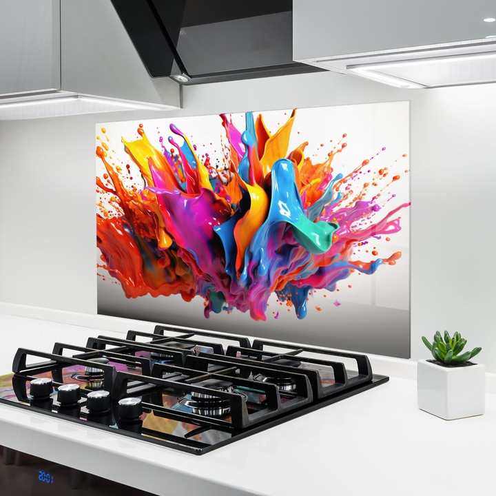 ARTHUB, Konyhai üveg hátfal 70x100 cm, 4 mm edzett, Védő gáz­tűzhely, Fröccsenésgátló, Hőálló, absztrakt, élénk színek, Blue Yellow Splash