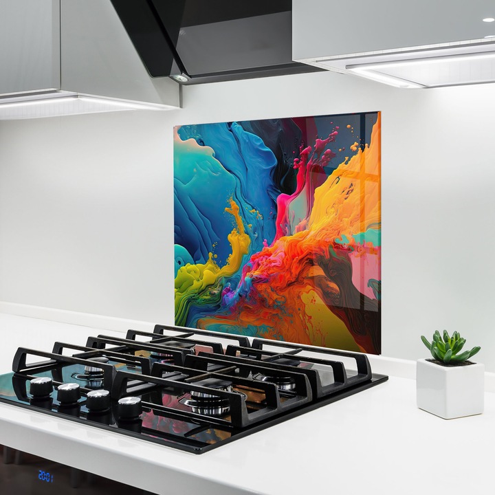 ARTHUB, Konyhai üveg hátfal 100x100 cm, 4 mm edzett, Védő gáz­tűzhely, Fröccsenésgátló, Hőálló, absztrakt, élénk színek, Color Floating