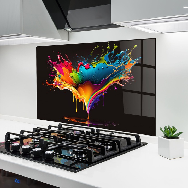 ARTHUB, Konyhai üveg hátfal 50x70 cm, 4 mm edzett, Védő gáz­tűzhely, Fröccsenésgátló, Hőálló, absztrakt, élénk színek, Colorful Rainbow Splash
