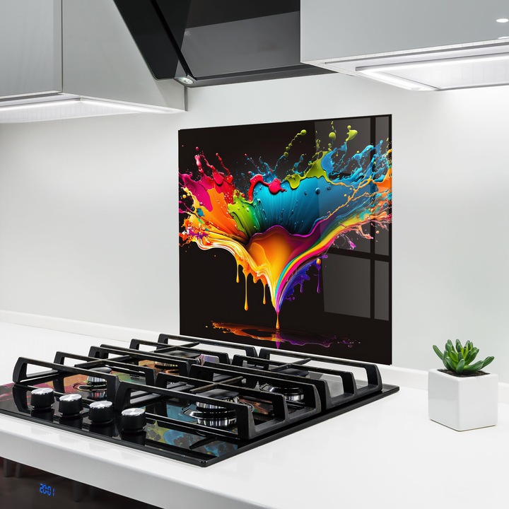 ARTHUB, Konyhai üveg hátfal 60x60 cm, 4 mm edzett, Védő gáz­tűzhely, Fröccsenésgátló, Hőálló, absztrakt, élénk színek, Colorful Rainbow Splash