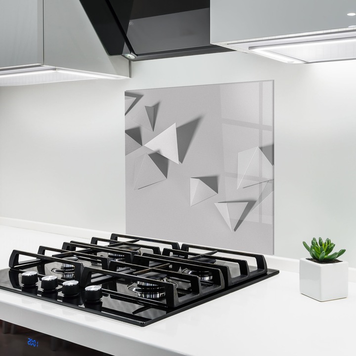 Panou Sticla Bucatarie, 60x60 cm, Protectie aragaz, Antistropi, Termorezistent, Abstracte, Geometrice, 3d White Triangle