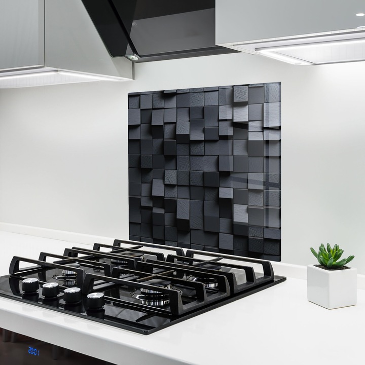 Panou Sticla Bucatarie, 60x60 cm, Protectie aragaz, Antistropi, Termorezistent, Abstracte, Geometrice, Black Square Pattern